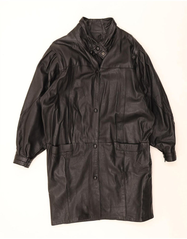 Casaco de couro grande vintage feminino UK 10 pequeno preto
