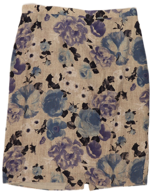 Saia reta feminina vintage IT 48 XL W34 seda floral multicolorida
