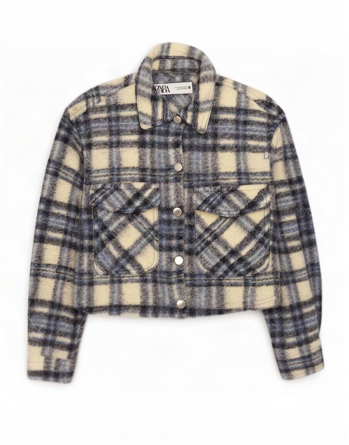 Zara Jaqueta bomber feminina cropped manga 3/4 grande Reino Unido 10 pequena xadrez cinza