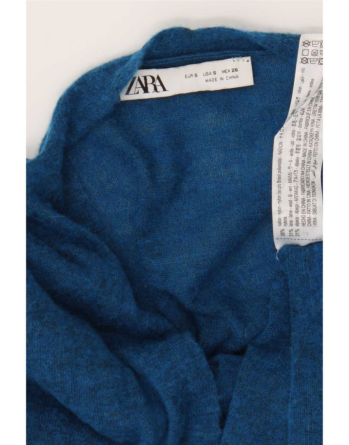 Suéter cardigã feminino grande da Zara Reino Unido 10 nylon manchado azul pequeno