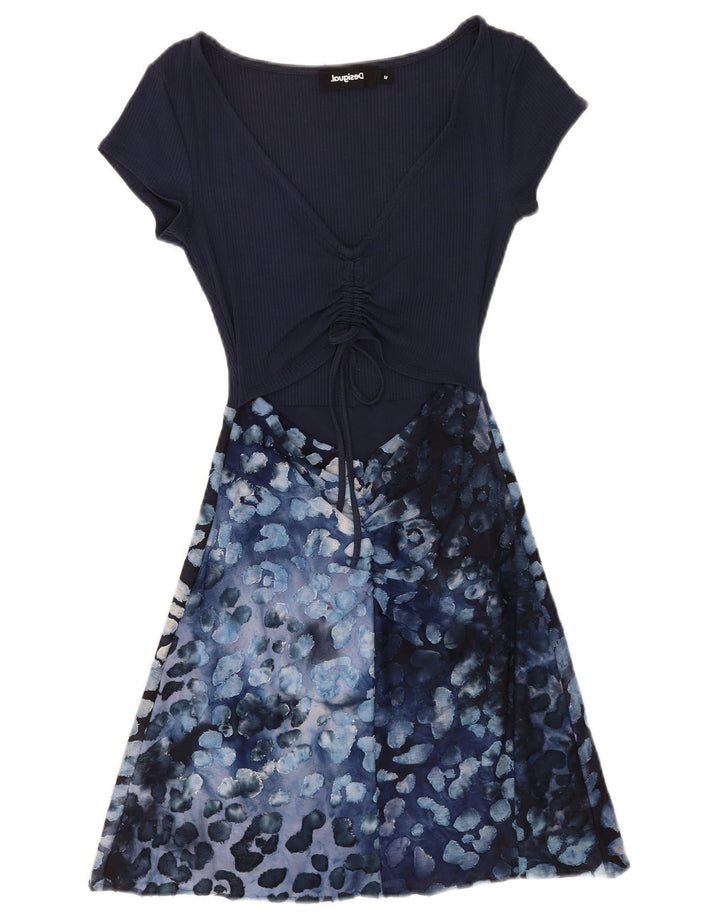 Vestido feminino Desigual com padrão abstrato linha A UK 12 viscose azul médio