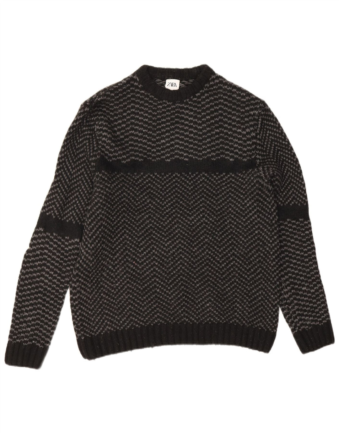 Zara Suéter masculino com gola redonda grande preto Chevron Nylon