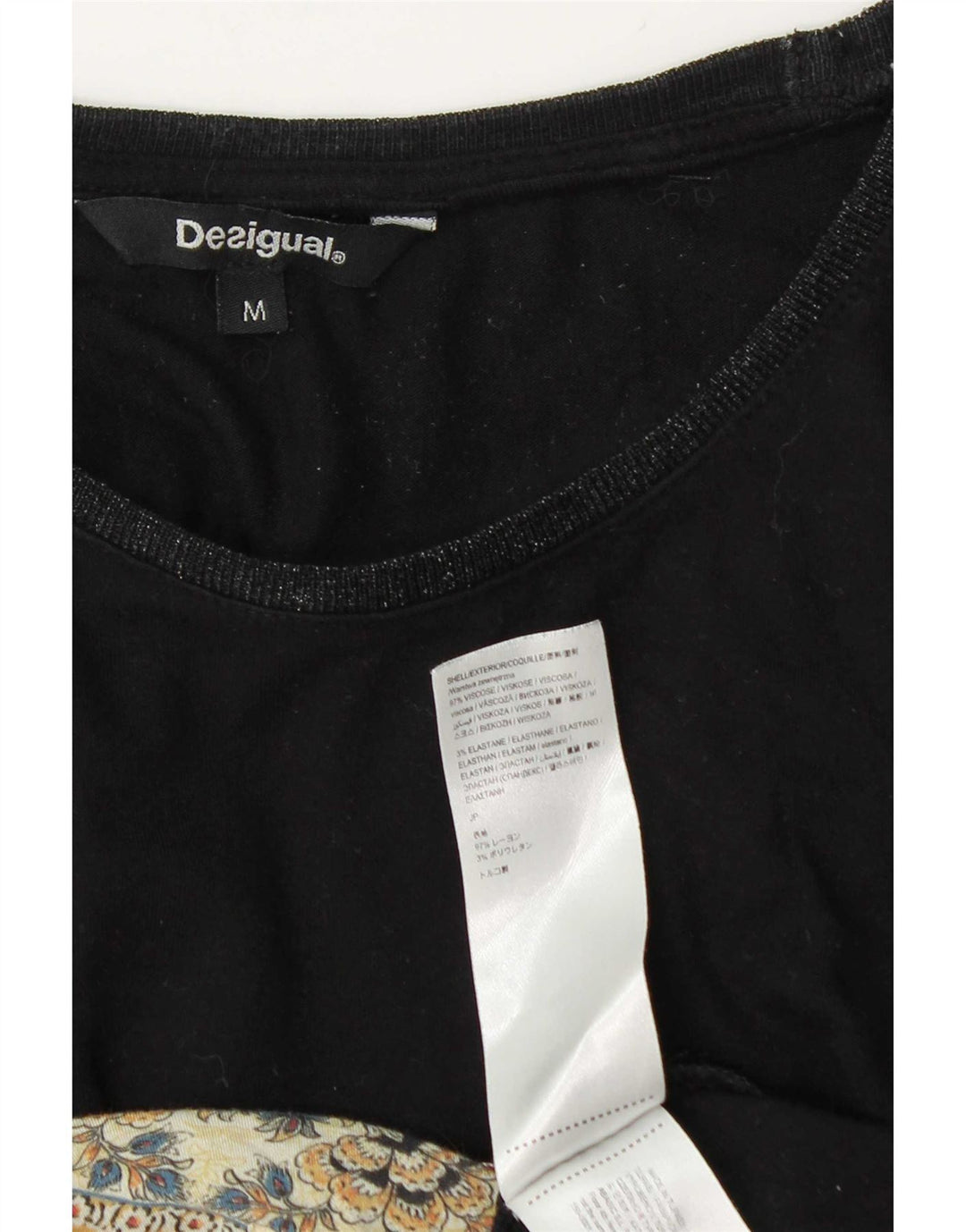 Top feminino Desigual manga comprida UK 14 médio preto floral viscose