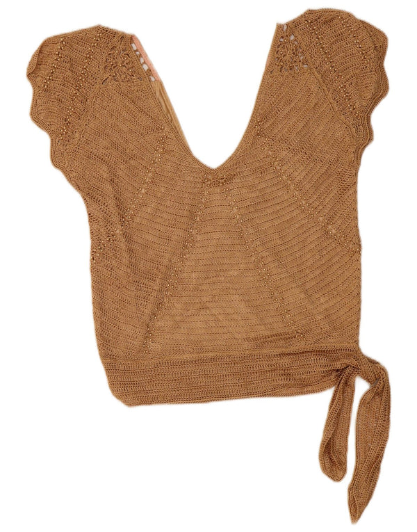 Blusa feminina de crochê sem mangas Etam Top UK 10 pequena viscose bege