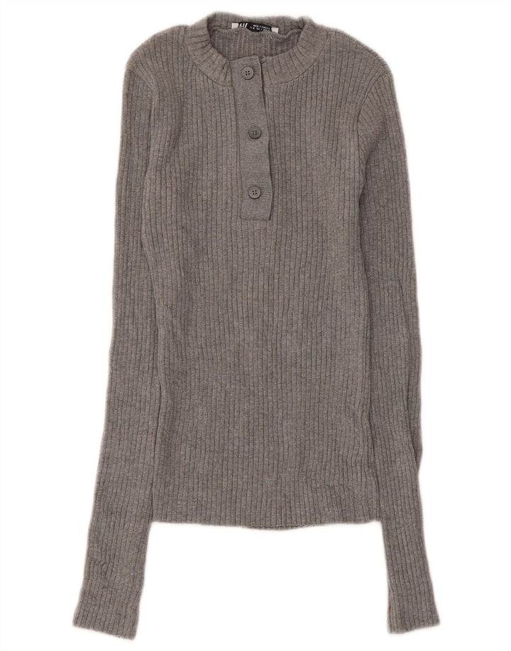 Zara Suéter feminino com gola redonda e botão, Reino Unido 8 pequeno algodão cinza