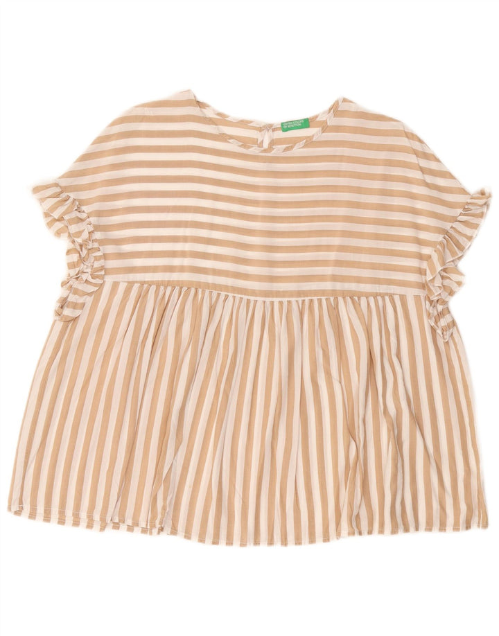 Blusa feminina oversized BENETTON UK 10 pequena risca de giz bege Lyocell
