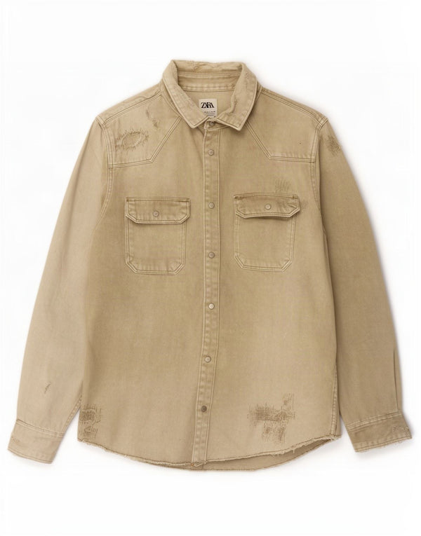 Camisa jeans masculina Zara com ajuste relaxado grande algodão cáqui