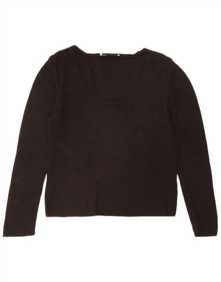 Top feminino Zara manga comprida UK 18 XL preto viscose