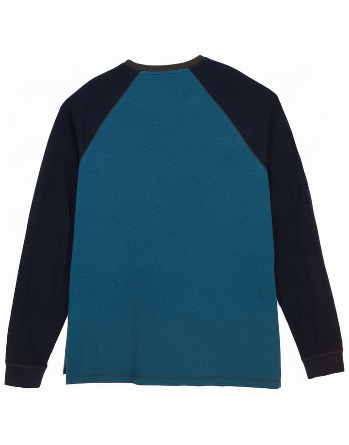 Top masculino branco material manga longa grande algodão colorblock azul