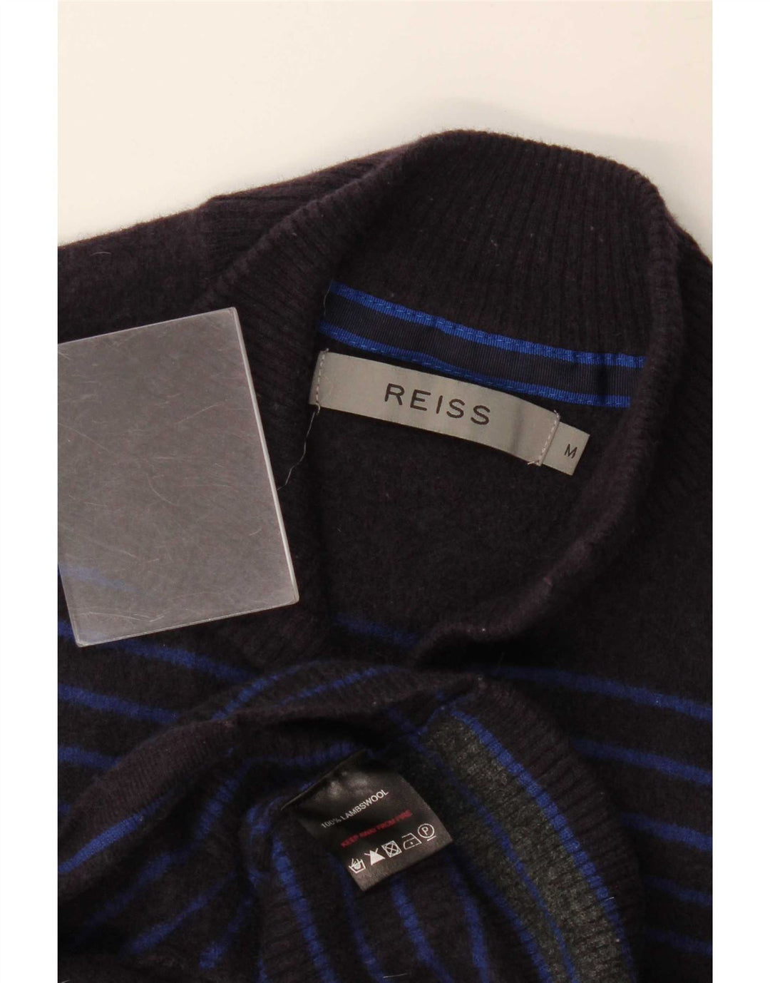 Suéter feminino Reiss com gola redonda e botão, Reino Unido 12, médio, azul marinho, listrado