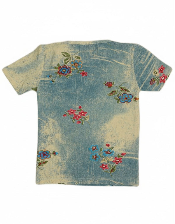 Camiseta vintage feminina 9-10 anos algodão floral azul médio