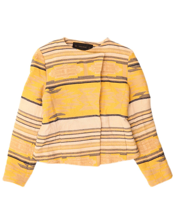 Jaqueta Zara masculina Crop Open Blazer UK 12 algodão listrado amarelo médio