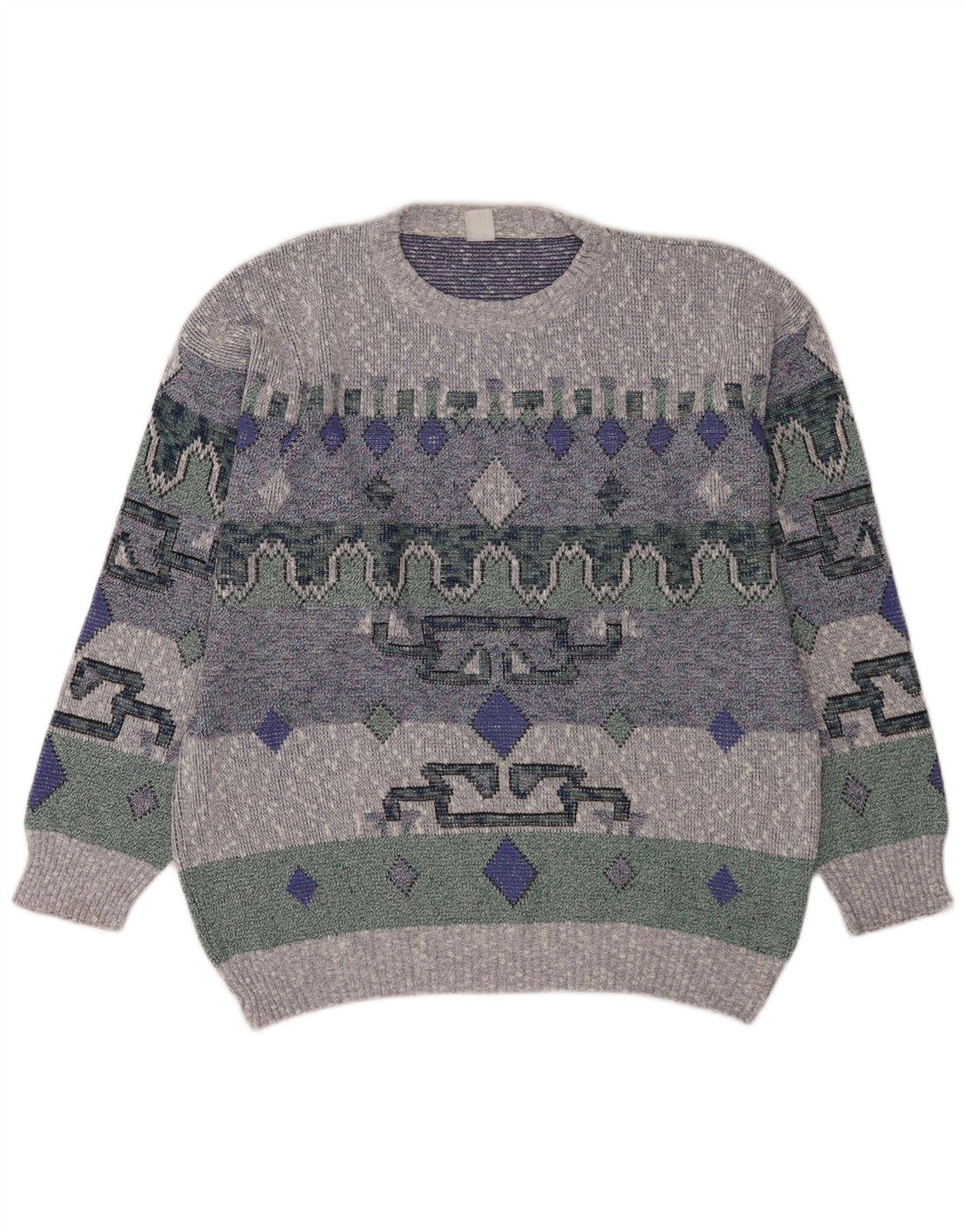Suéter vintage masculino com gola redonda grande azul geométrico