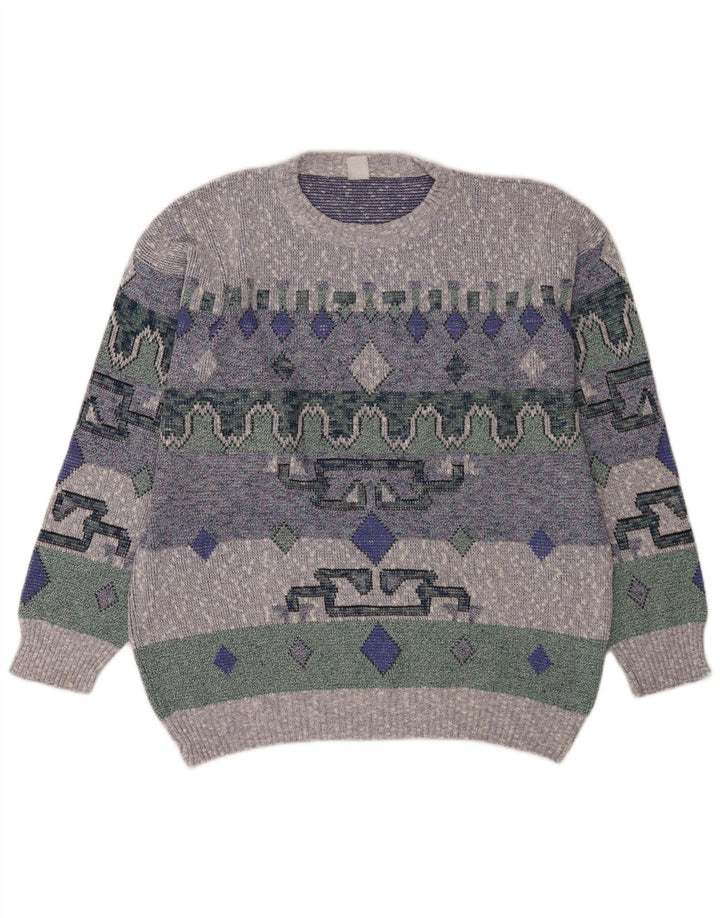 Suéter vintage masculino com gola redonda grande azul geométrico