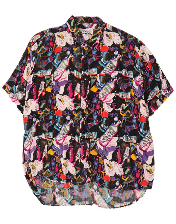 Vintage masculino abstrato Padrão camisa de manga curta XL viscose multicolorida