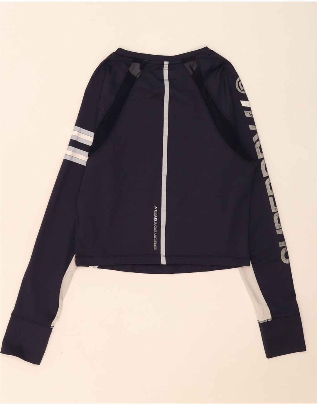 Top gráfico feminino Superdry manga comprida UK 12 bloco colorido azul marinho médio