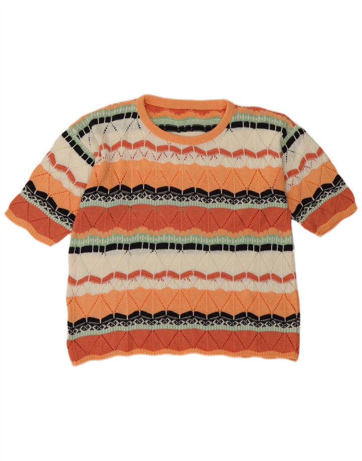 Suéter feminino vintage com gola redonda UK 14 médio laranja geométrico