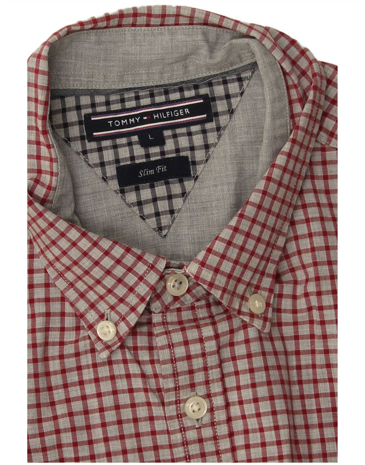 Camisa masculina Tommy Hilfiger Slim Fit grande algodão xadrez vermelho