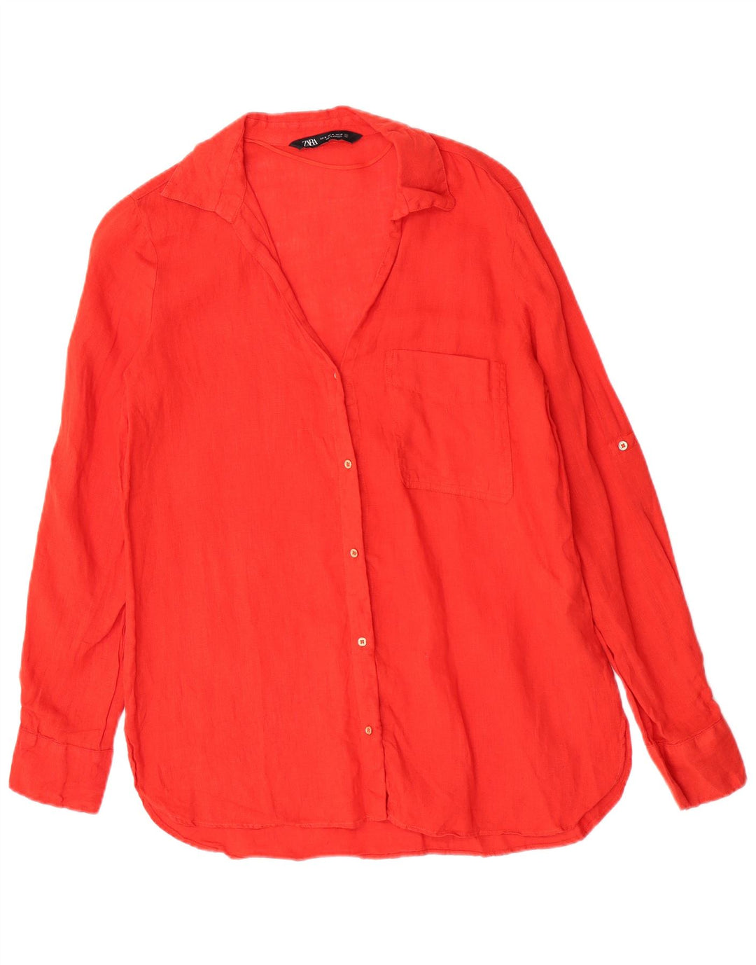 Zara Camisa feminina regular de manga comprida Reino Unido 14 linho vermelho médio