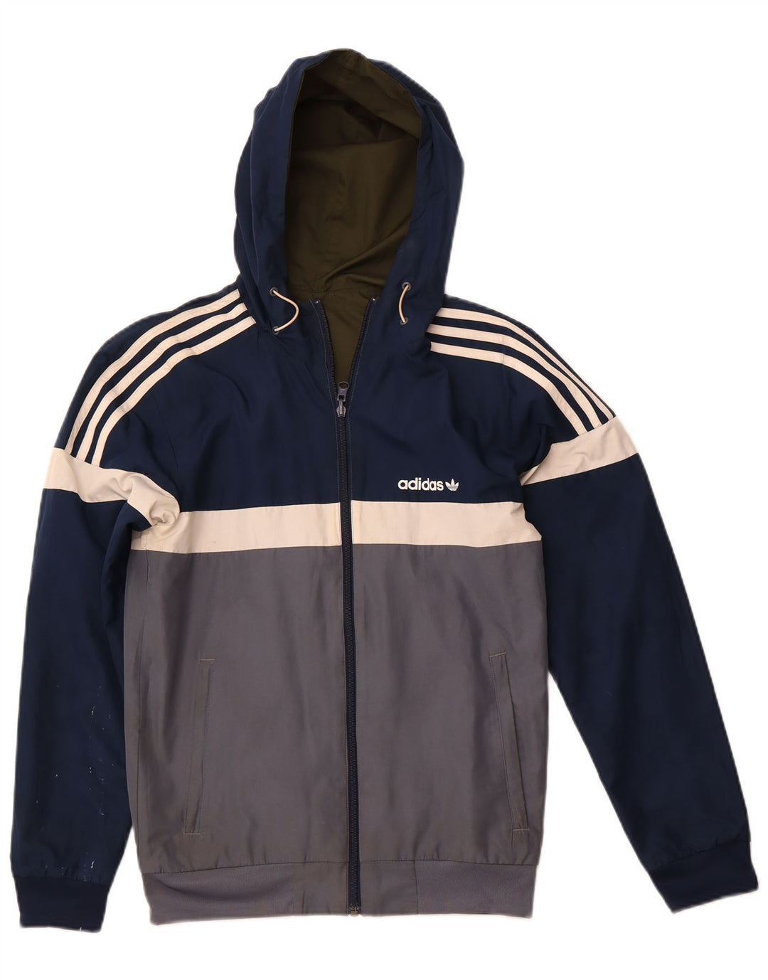 ADIDAS Mens Hooded Reversible Tracksuit Top Jacket XS Khaki Poliéster