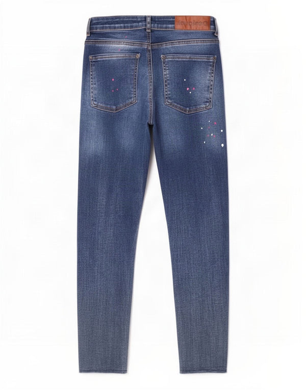 Jeans slim feminino Desigual W26 L25 algodão manchado azul