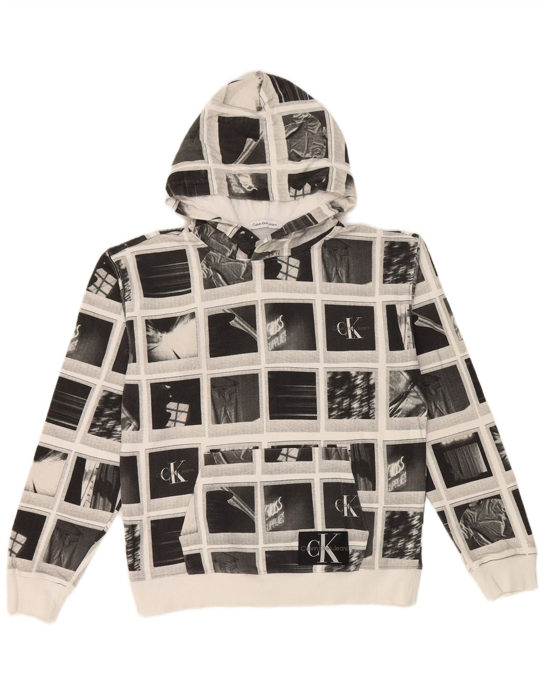 Calvin Klein Jeans Meninos moletom com capuz gráfico 13-14 anos cinza patchwork