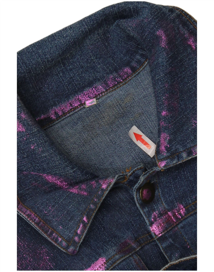 Jaqueta jeans vintage feminina UK 12 algodão tie-dye azul médio