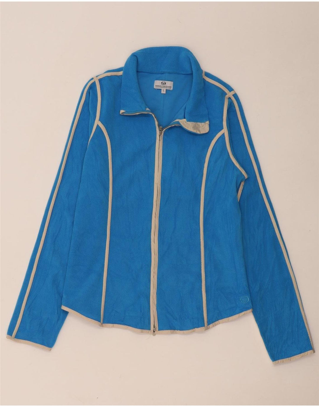 Jaqueta de lã feminina SERGIO TACCHINI UK 14 grande poliéster listrado azul