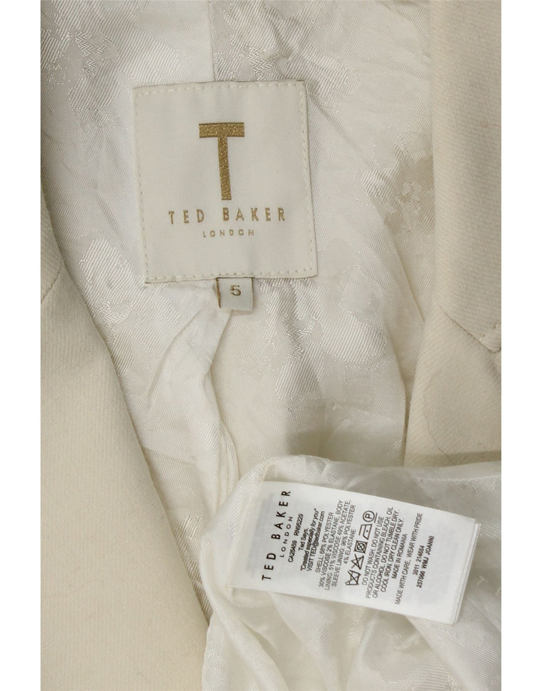 Jaqueta blazer feminina Ted Baker com 1 botão tamanho 5 XL poliéster branco