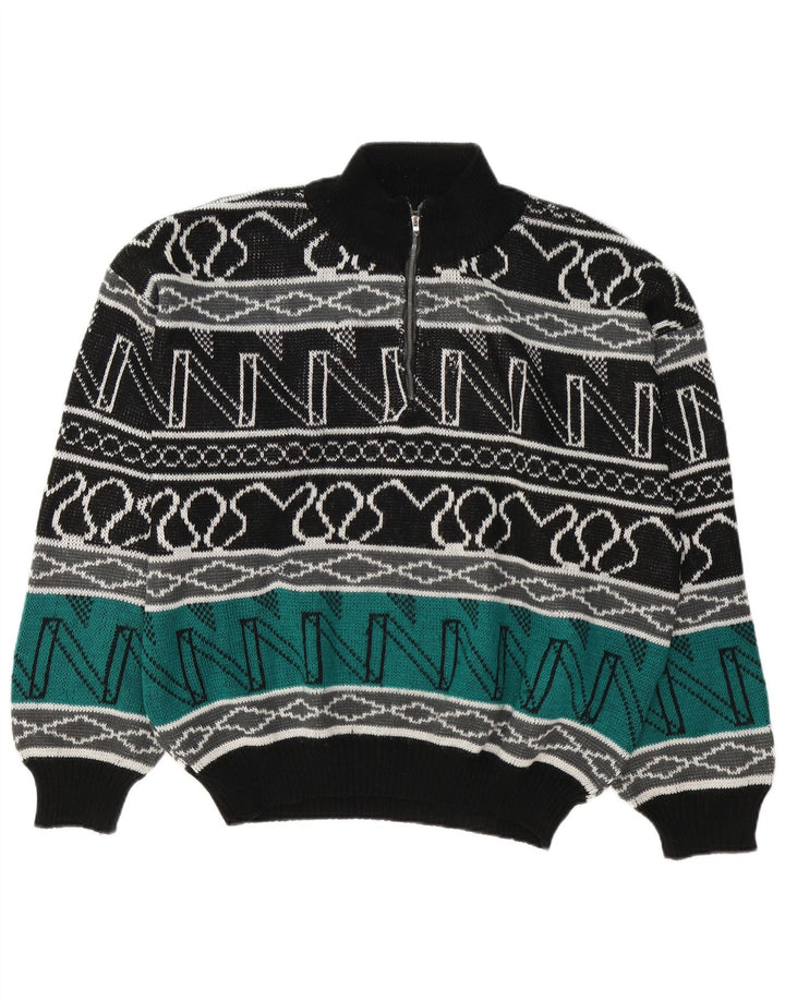 Suéter masculino vintage com decote em zíper grande geométrico multicolorido