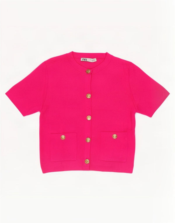 Suéter cardigã feminino Zara crop manga curta Reino Unido 10 pequeno rosa acrílico