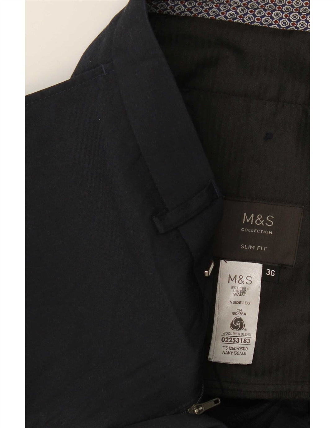 Calça masculina Marks & Spencer Slim Fit W36 L31 Lã Azul Marinho