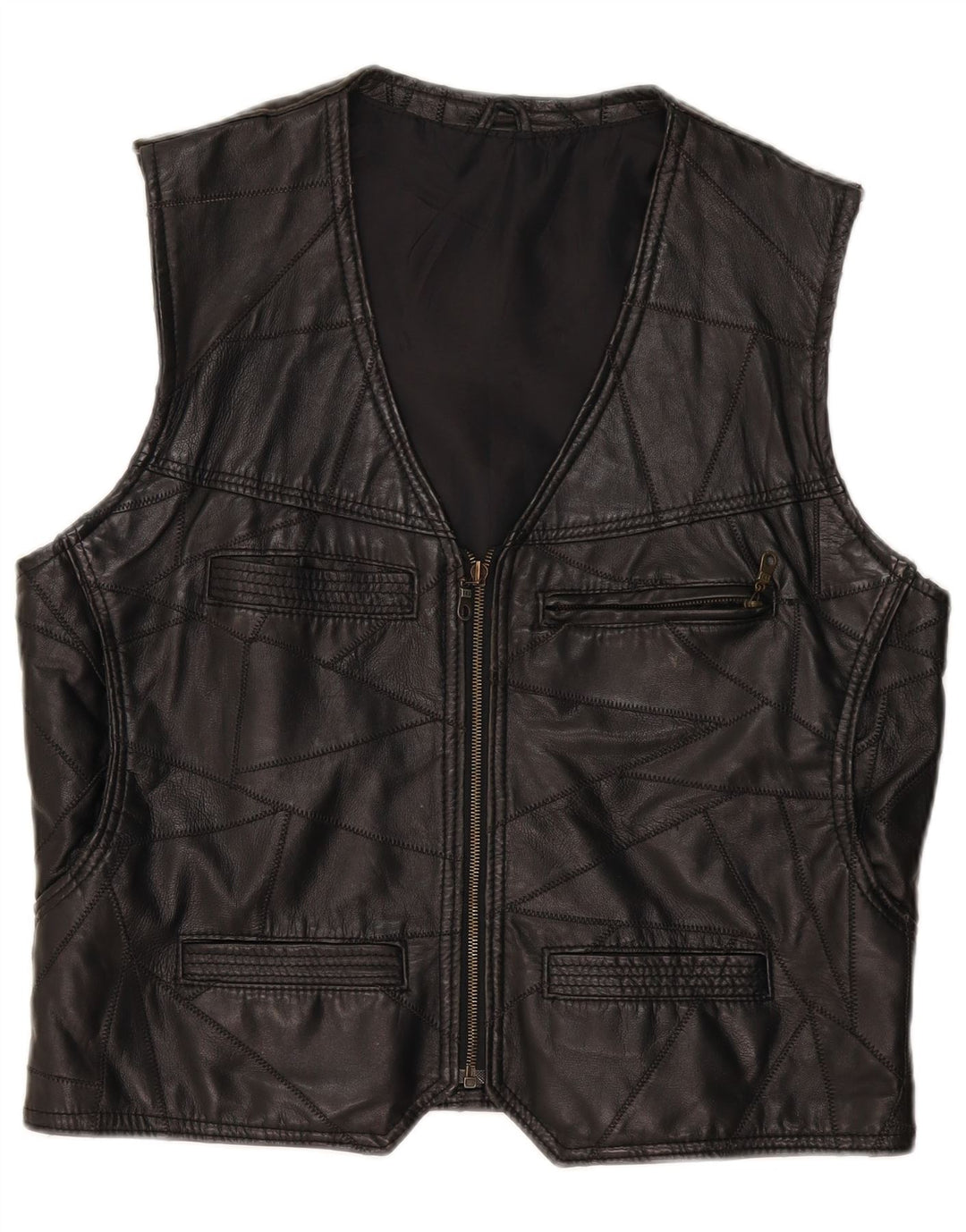 Colete de couro masculino vintage grande patchwork preto
