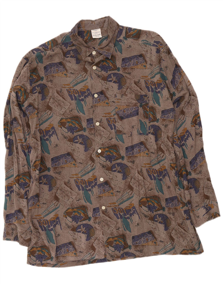 Vintage Masculino Abstrato Padrão Camisa Tamanho 41/42 Grande Viscose Cinza