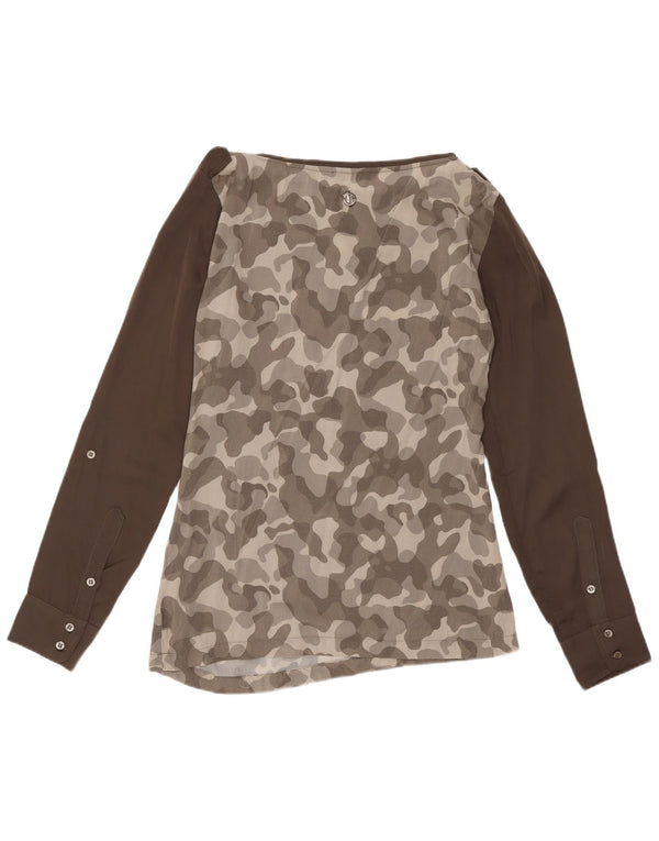 Blusa feminina Trussardi Jeans manga comprida UK 10 pequena cinza camuflada