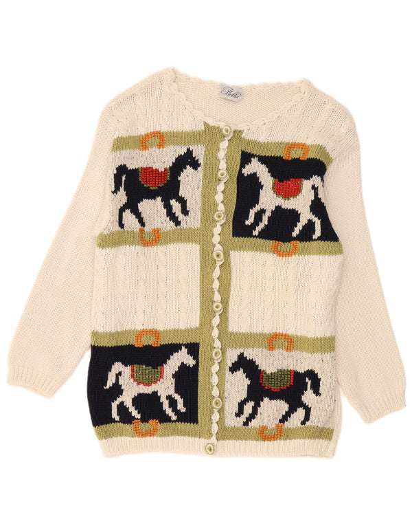 Suéter cardigã gráfico feminino vintage Reino Unido 16 grande algodão branco