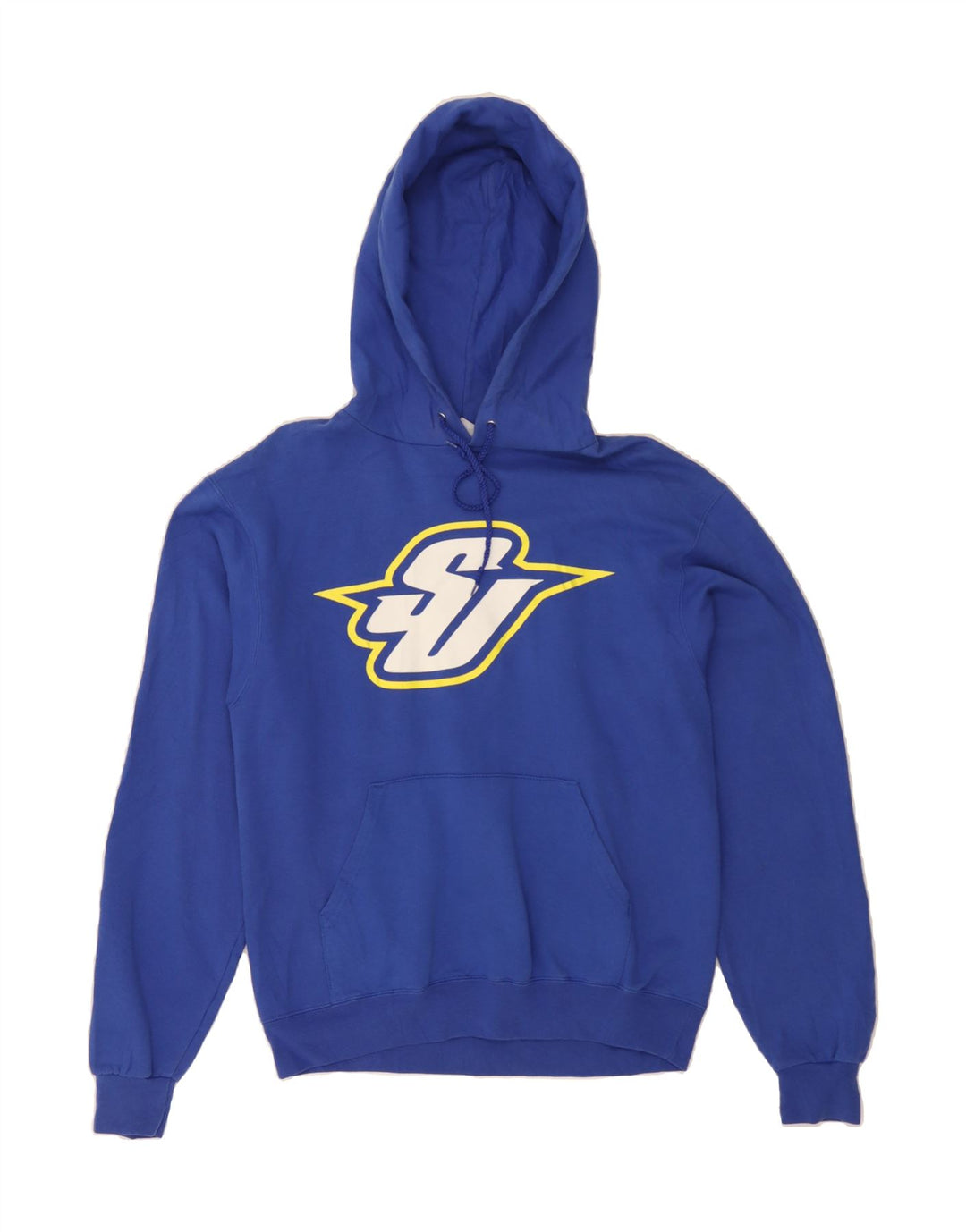 CHAMPION Mens Graphic Hoodie Jumper Small Blue Cotton Vintage Champion and Second-Hand Champion from Messina Hembry 
