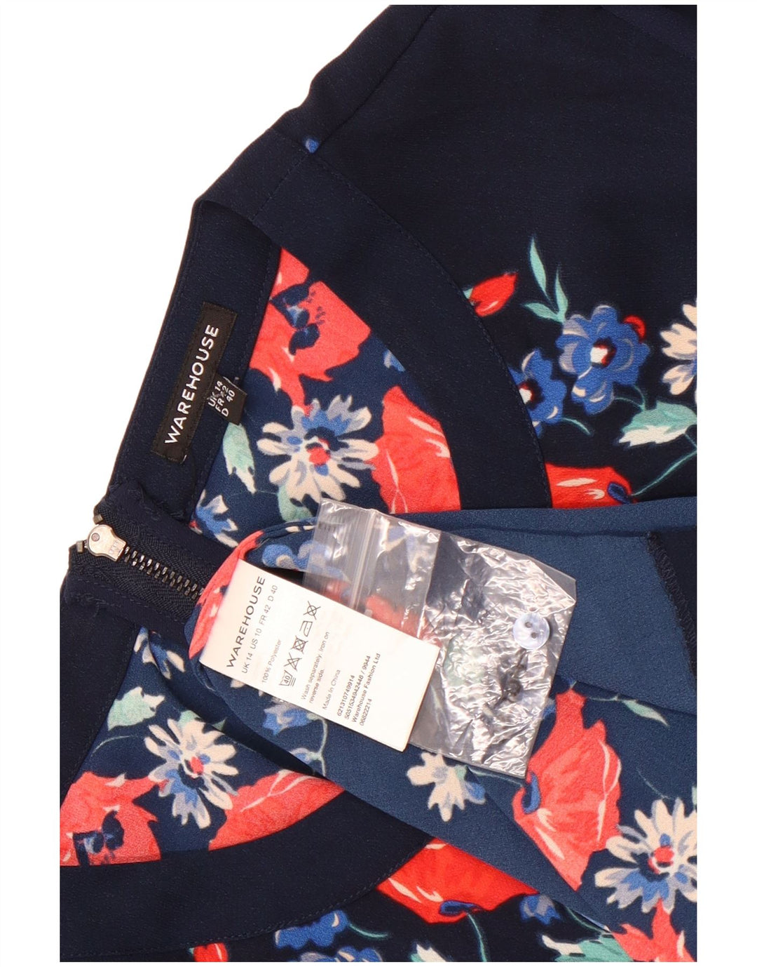 Vestido feminino de manga comprida Warehouse UK 14 médio azul marinho floral