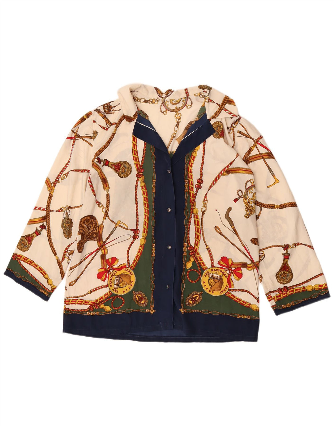 Blusa feminina vintage de equitação UK 14 grande multicolorida