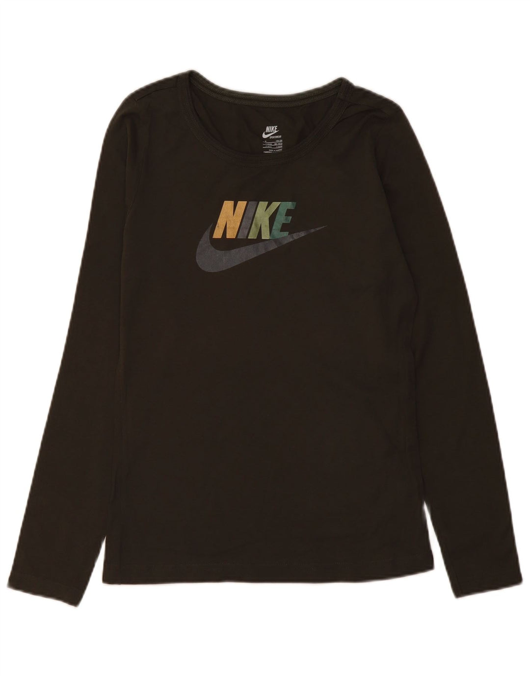 Top gráfico feminino Nike manga comprida UK 10/12 algodão cáqui médio