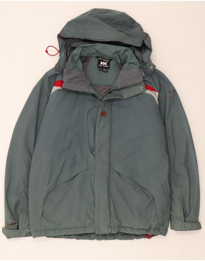Jaqueta corta-vento masculina Helly Hansen com capuz UK 40 grande bloco colorido azul
