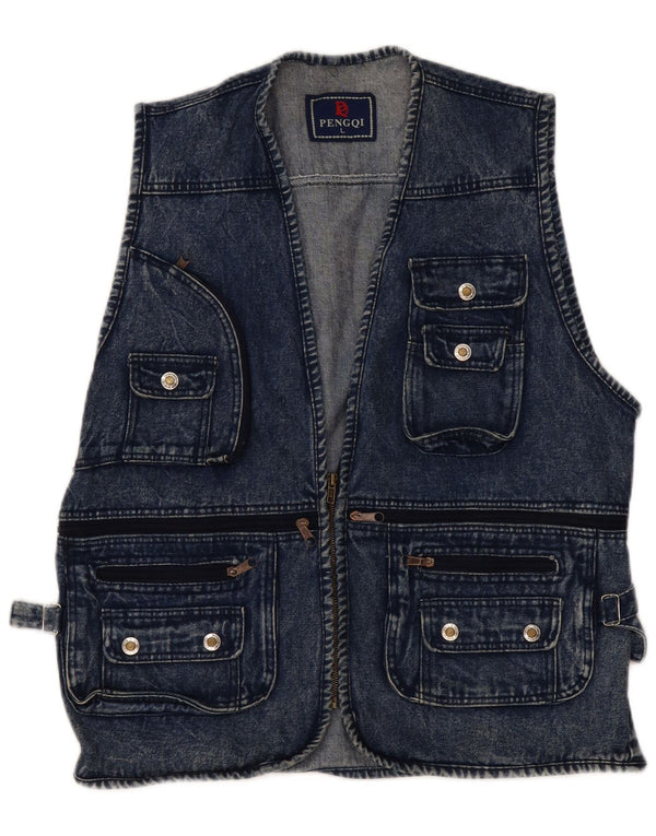 Colete utilitário jeans masculino vintage UK 40 algodão azul grande