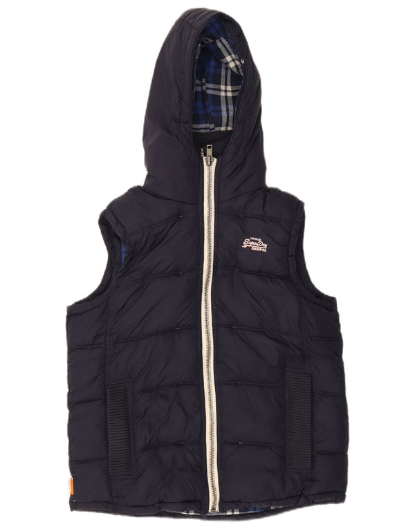 Colete acolchoado com capuz feminino SUPERDRY UK 14 nylon azul marinho médio