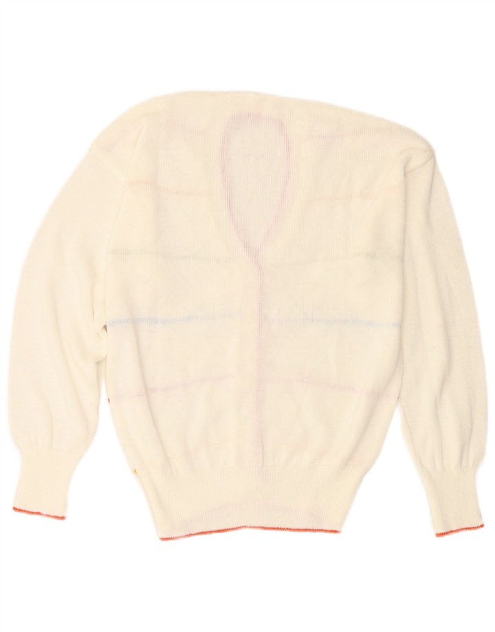 Suéter cardigã feminino vintage Reino Unido 12 listrado branco médio