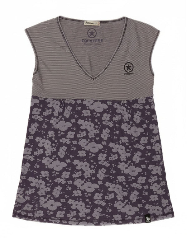 Vestido feminino Converse sem mangas evasê UK 14 grande roxo floral algodão
