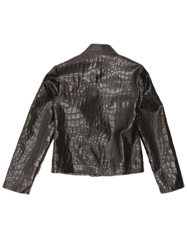 Jaqueta bomber feminina vintage de couro sintético Reino Unido 10 estampa animal preta pequena