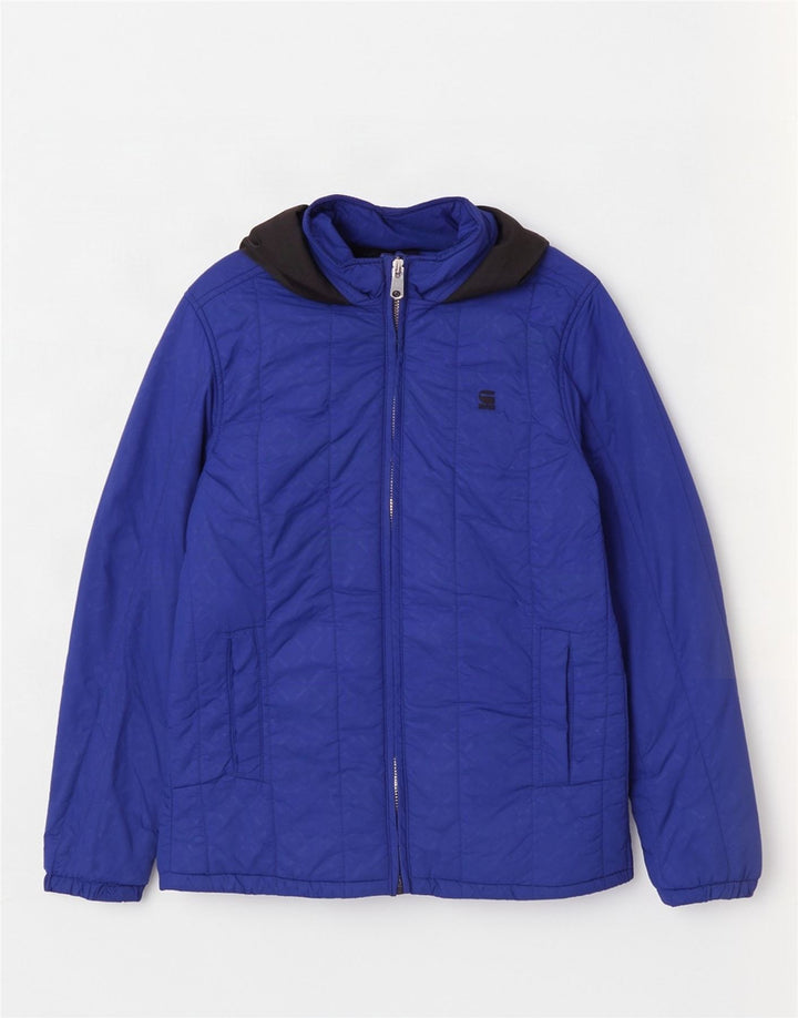 Jaqueta feminina acolchoada com capuz G-Star UK 38 nylon geométrico azul médio
