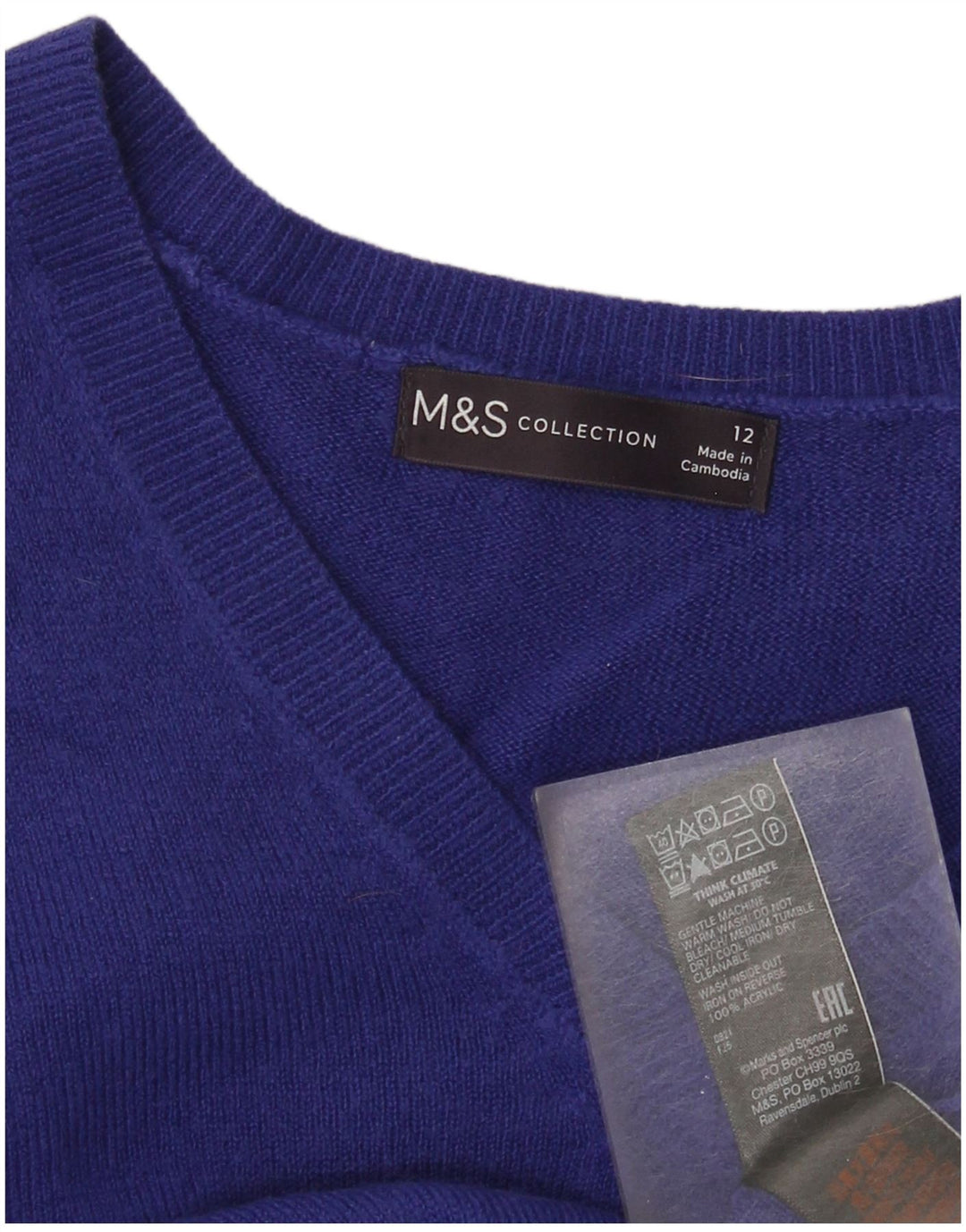 Suéter feminino Marks & Spencer com decote em V Reino Unido 12 acrílico azul médio