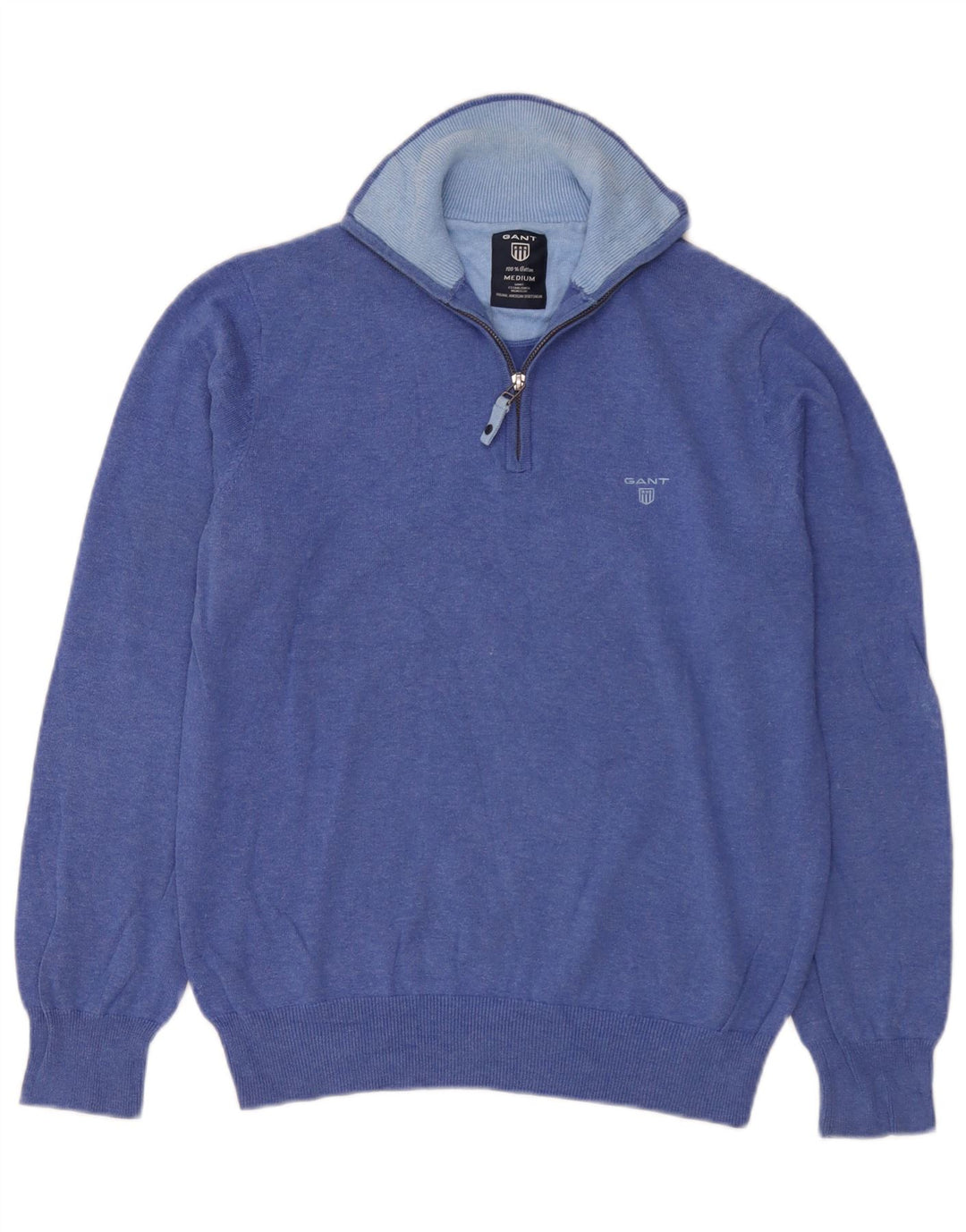 Suéter masculino Gant com zíper e gola alta de algodão azul médio