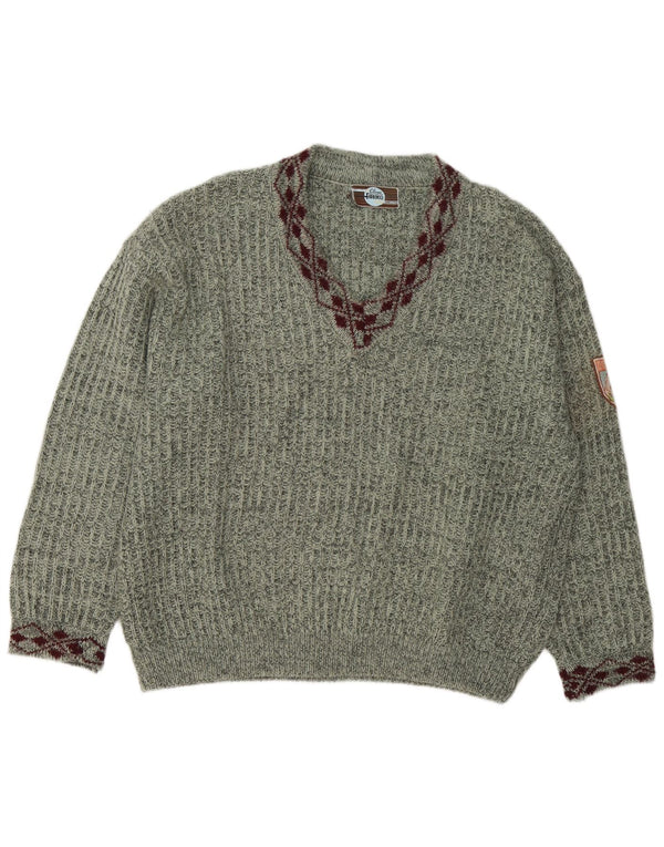 Suéter masculino Fiorucci com decote em V XL verde salpicado acrílico retrô